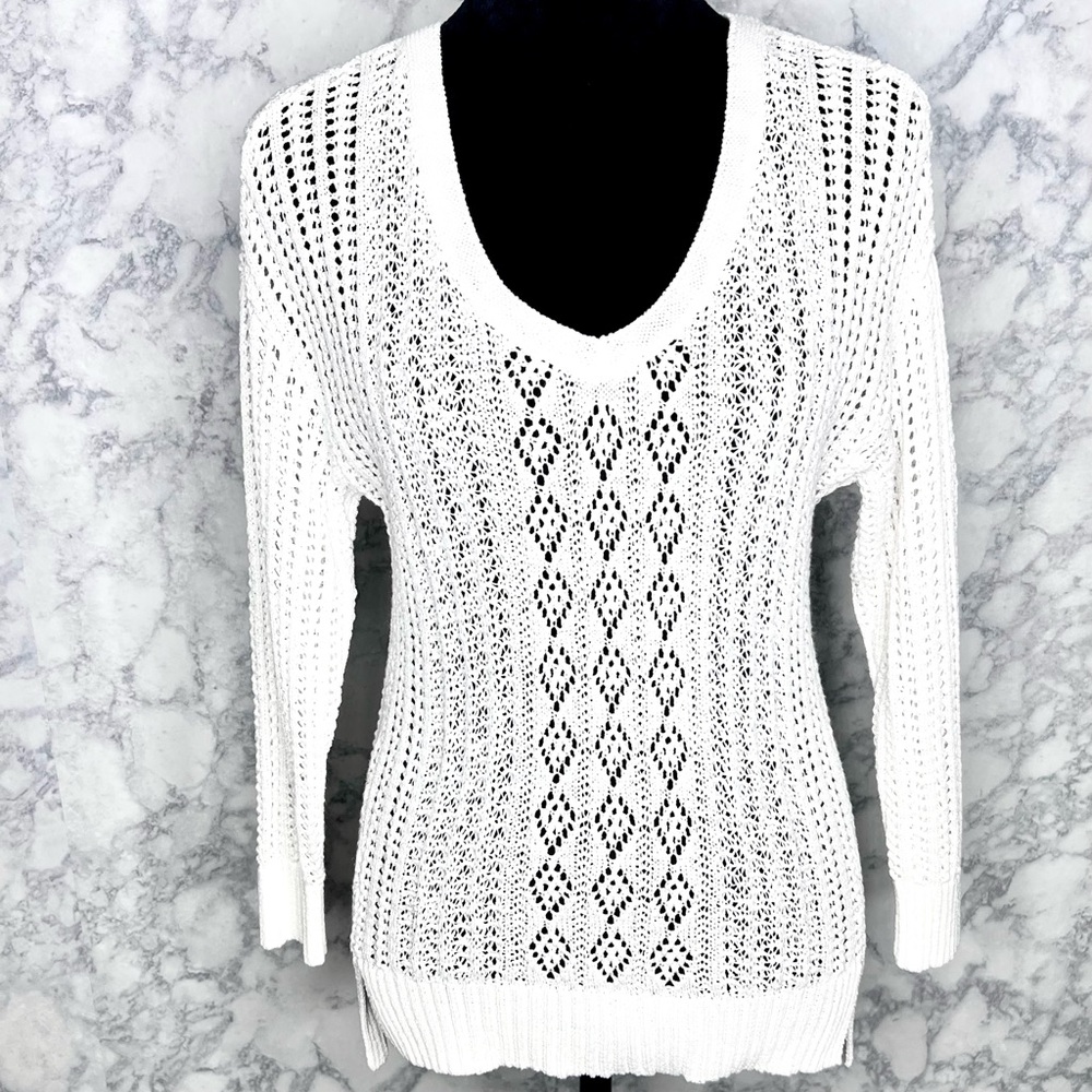 WHBM White LINEN Blend Open Knit Sweater Women’s Small V-Neck - Picture 2 of 10